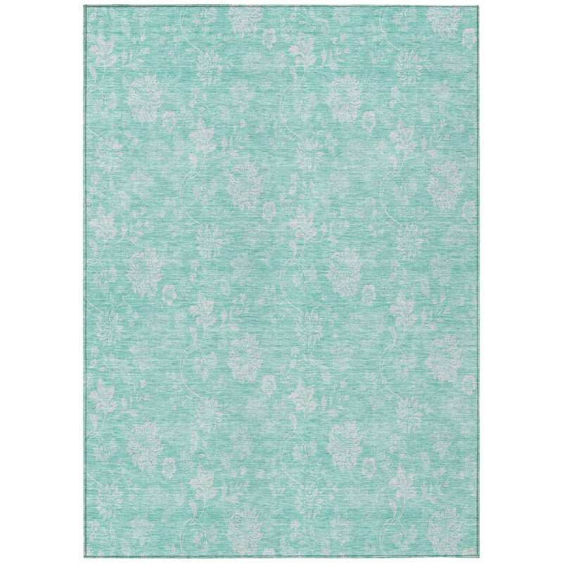 8' X 10' Aqua And Ivory Floral Washable Indoor Outdoor Area Rug