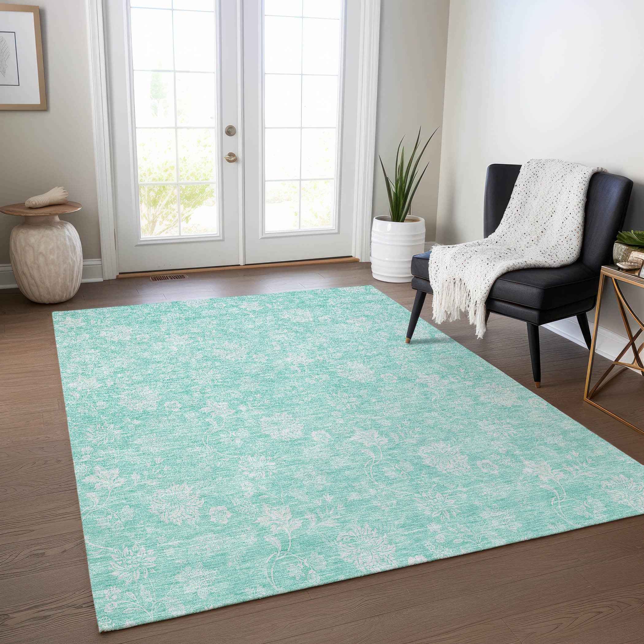 8' X 10' Aqua And Ivory Floral Washable Indoor Outdoor Area Rug