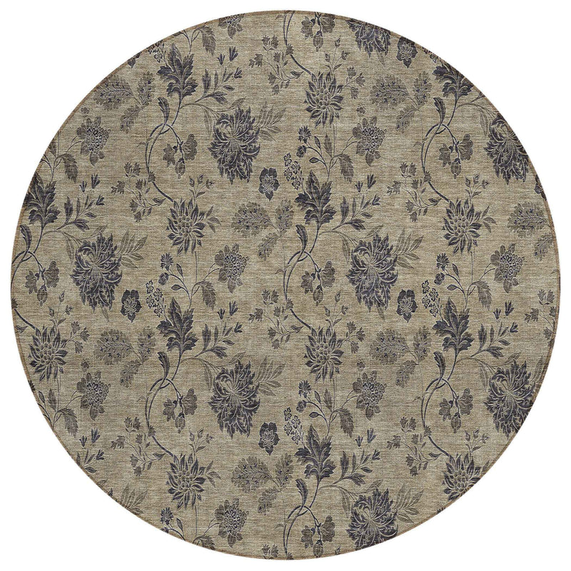 8' Brown Beige And Chocolate Round Floral Washable Indoor Outdoor Area Rug