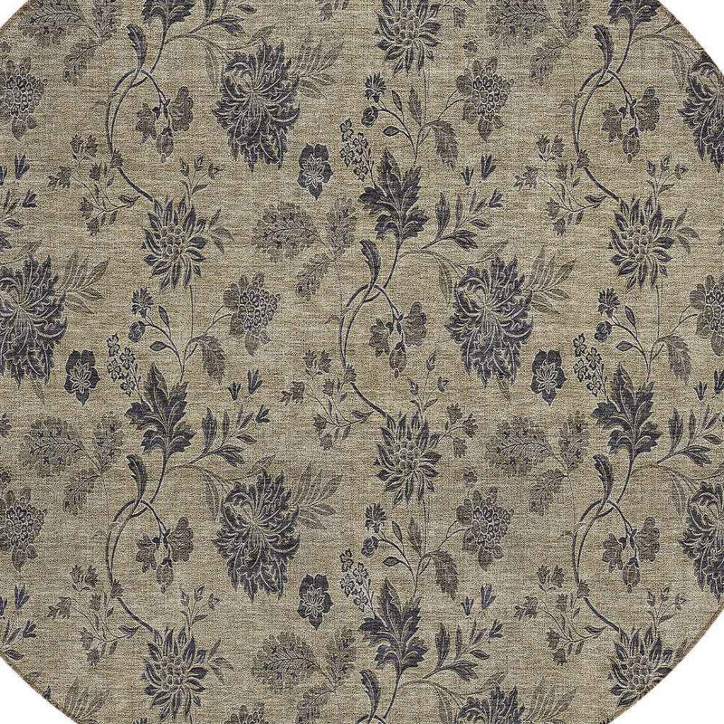 8' Brown Beige And Chocolate Round Floral Washable Indoor Outdoor Area Rug