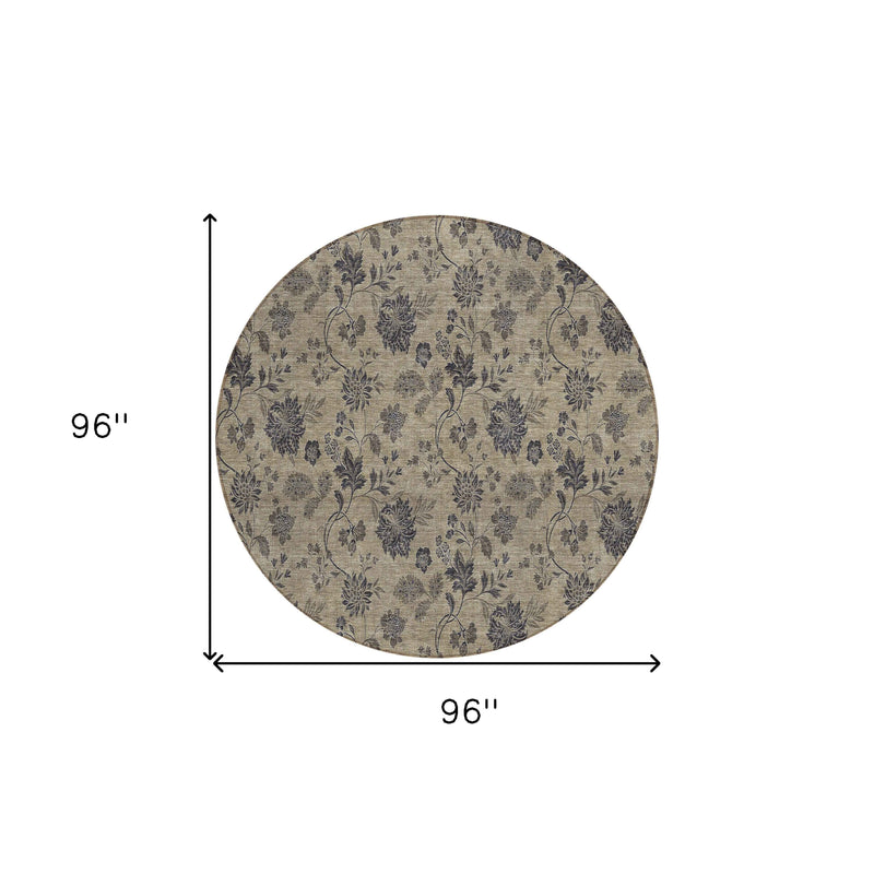 8' Brown Beige And Chocolate Round Floral Washable Indoor Outdoor Area Rug