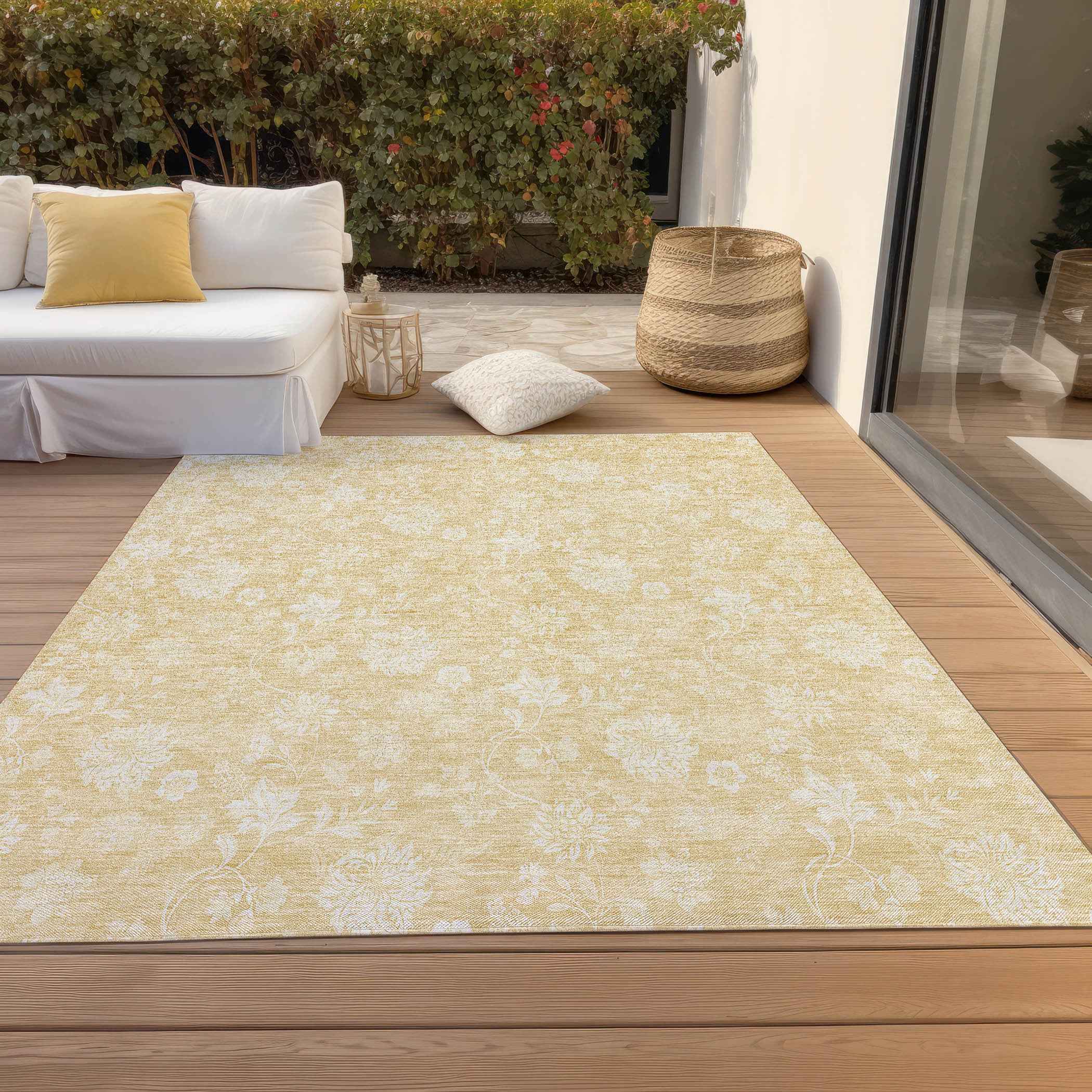 10' X 14' Yellow Wheat And Ivory Floral Washable Indoor Outdoor Area Rug