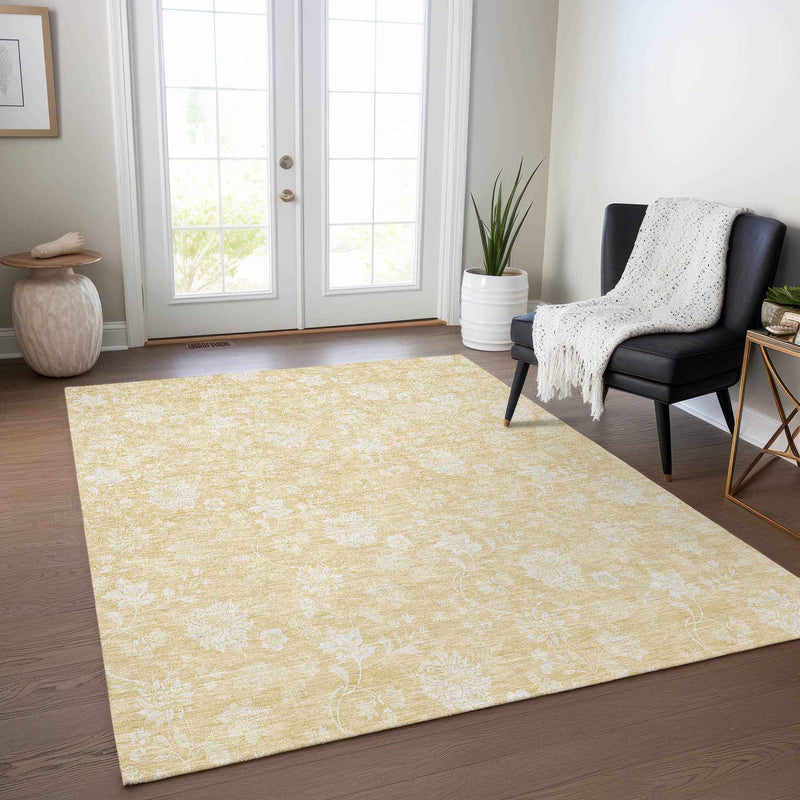 10' X 14' Yellow Wheat And Ivory Floral Washable Indoor Outdoor Area Rug