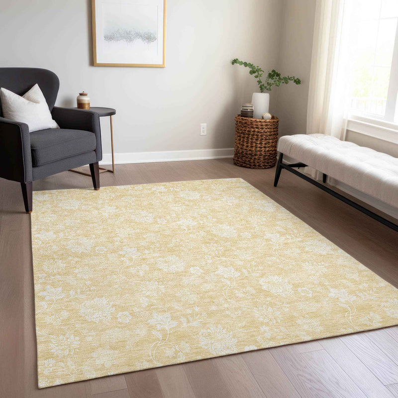 10' X 14' Yellow Wheat And Ivory Floral Washable Indoor Outdoor Area Rug