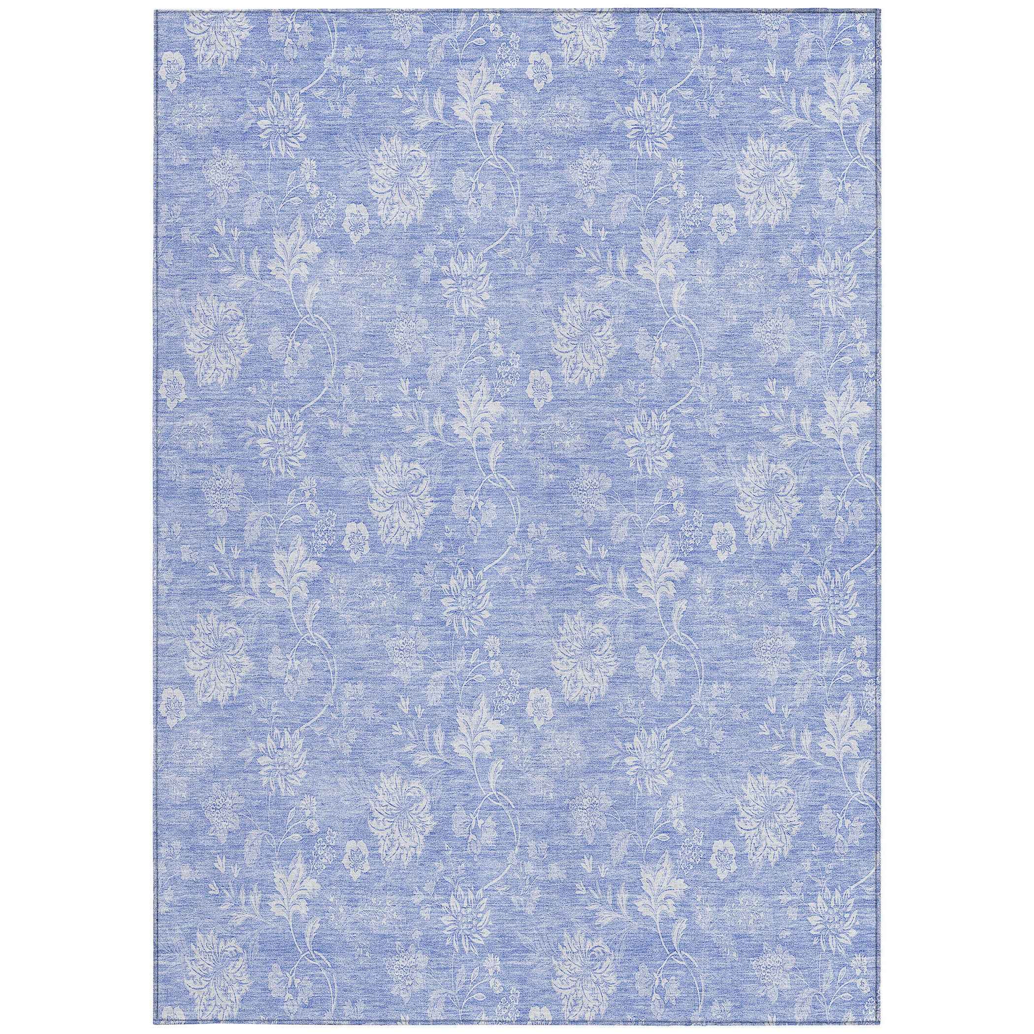 10' X 14' Sky Blue Denim Blue And Ivory Floral Washable Indoor Outdoor Area Rug