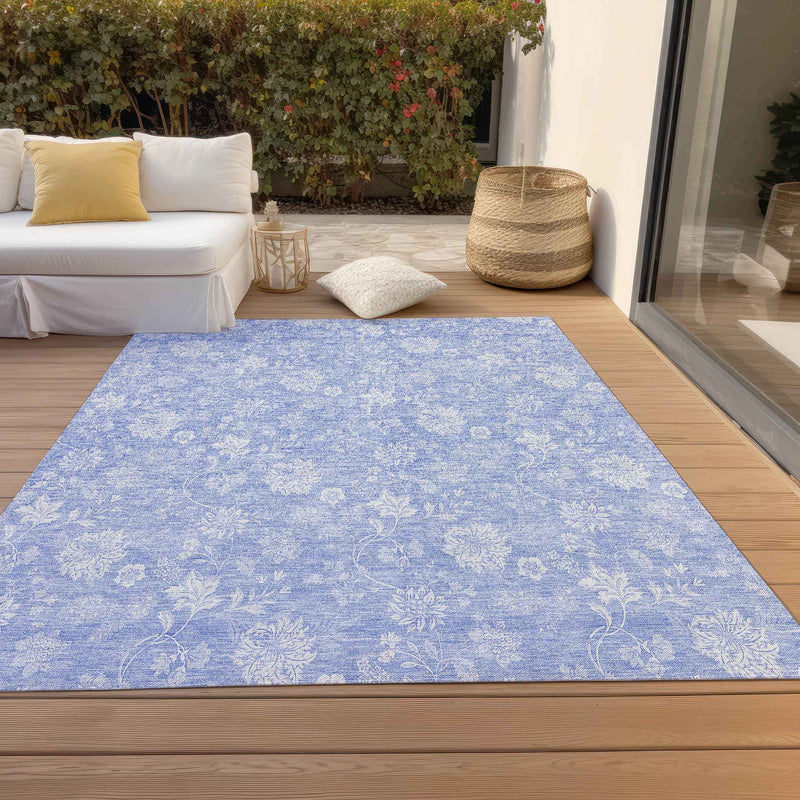 10' X 14' Sky Blue Denim Blue And Ivory Floral Washable Indoor Outdoor Area Rug