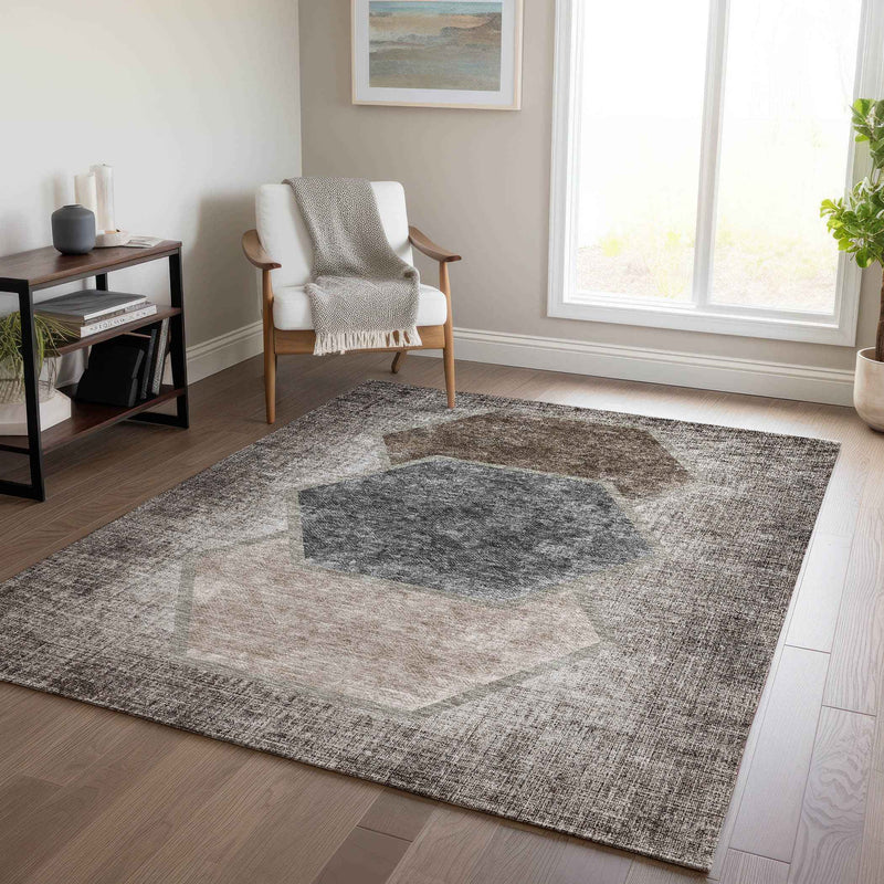3' X 5' Chocolate And Taupe Geometric Washable Indoor Outdoor Area Rug