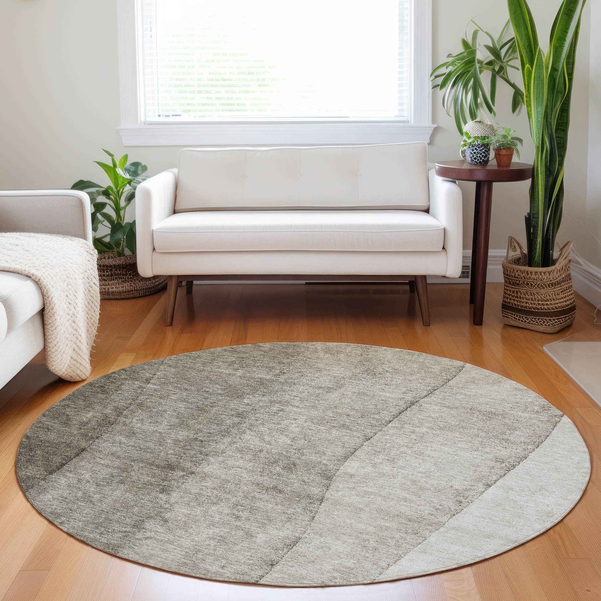 8' Taupe Brown And Ivory Round Ombre Washable Indoor Outdoor Area Rug