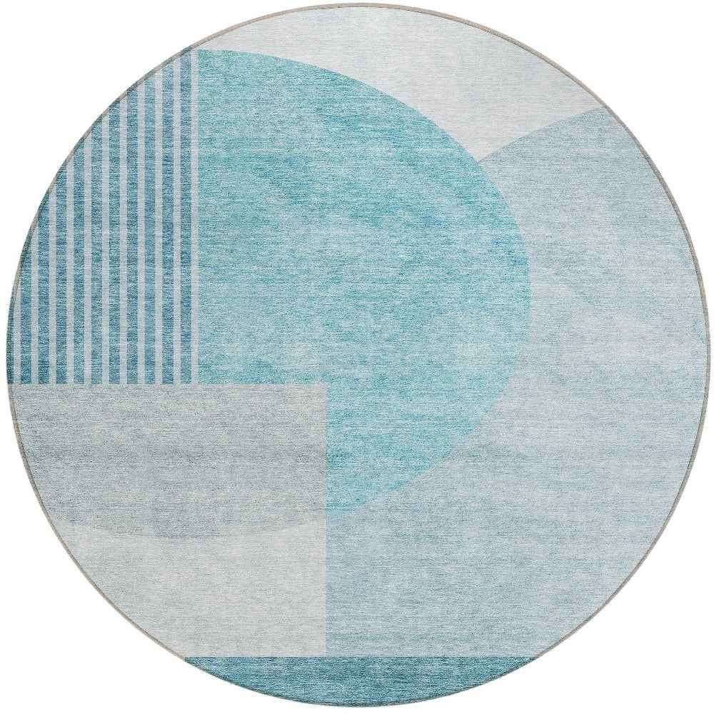 8' Teal Blue And Silver Round Geometric Washable Indoor Outdoor Area Rug