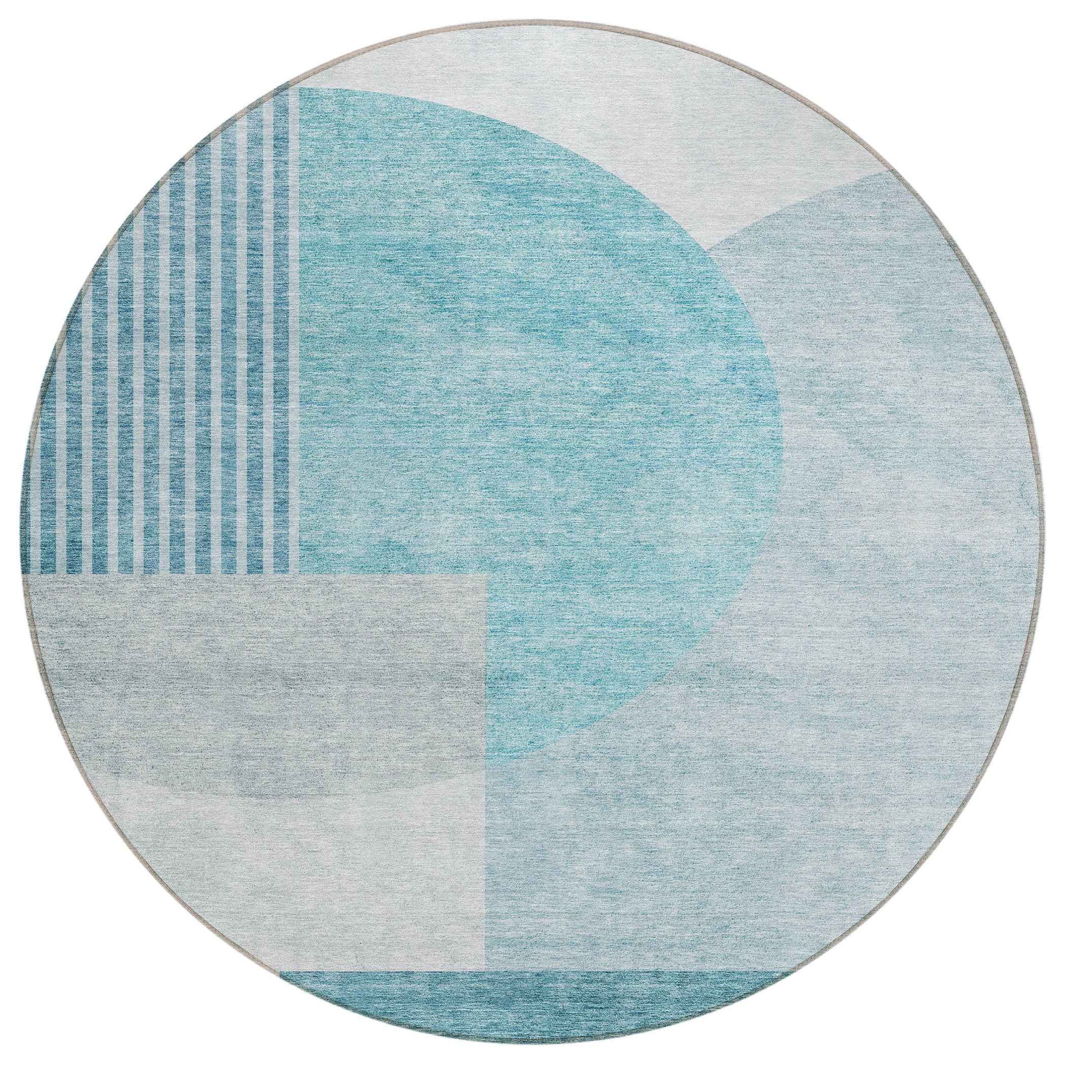8' Teal Blue And Silver Round Geometric Washable Indoor Outdoor Area Rug
