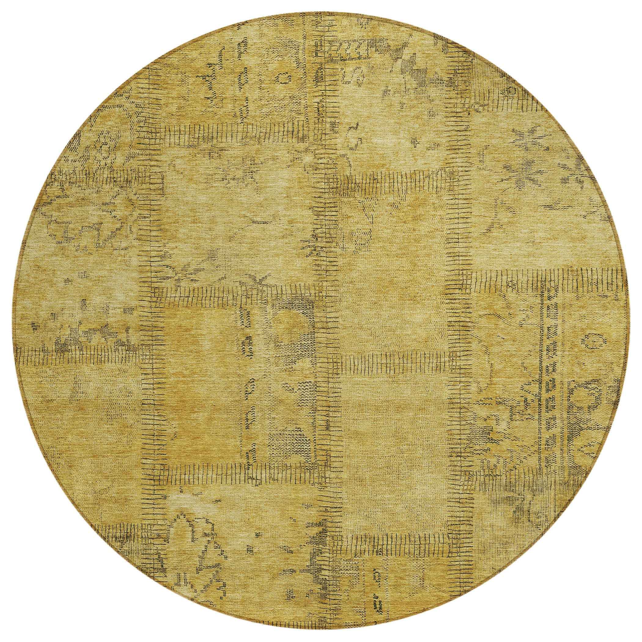 8' Gold Wheat And Gray Round Patchwork Washable Indoor Outdoor Area Rug