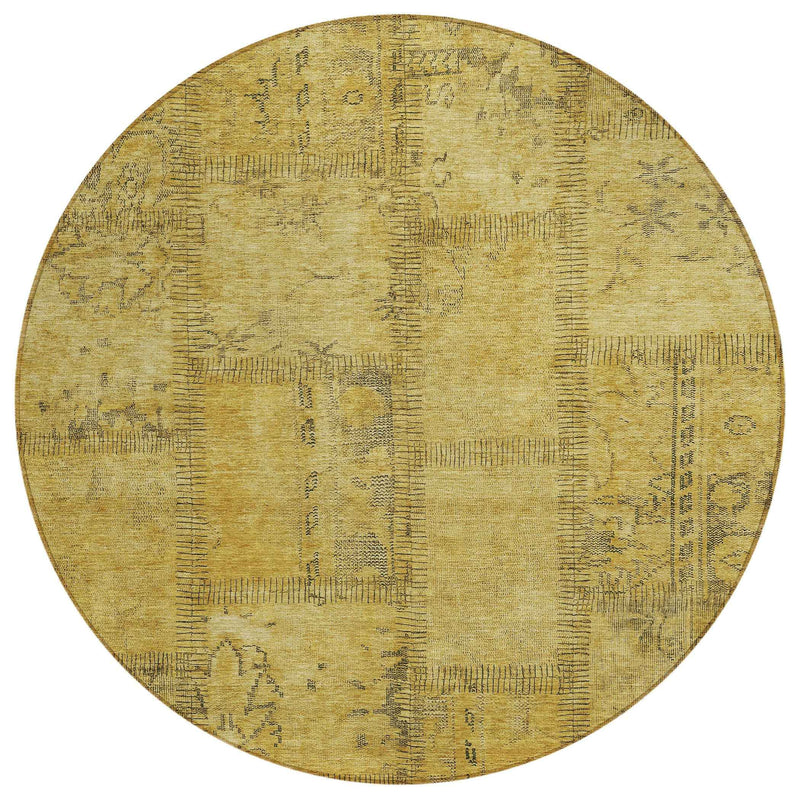 8' Gold Wheat And Gray Round Patchwork Washable Indoor Outdoor Area Rug