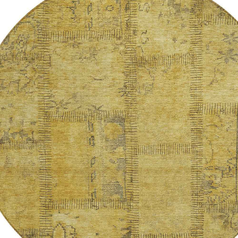 8' Gold Wheat And Gray Round Patchwork Washable Indoor Outdoor Area Rug