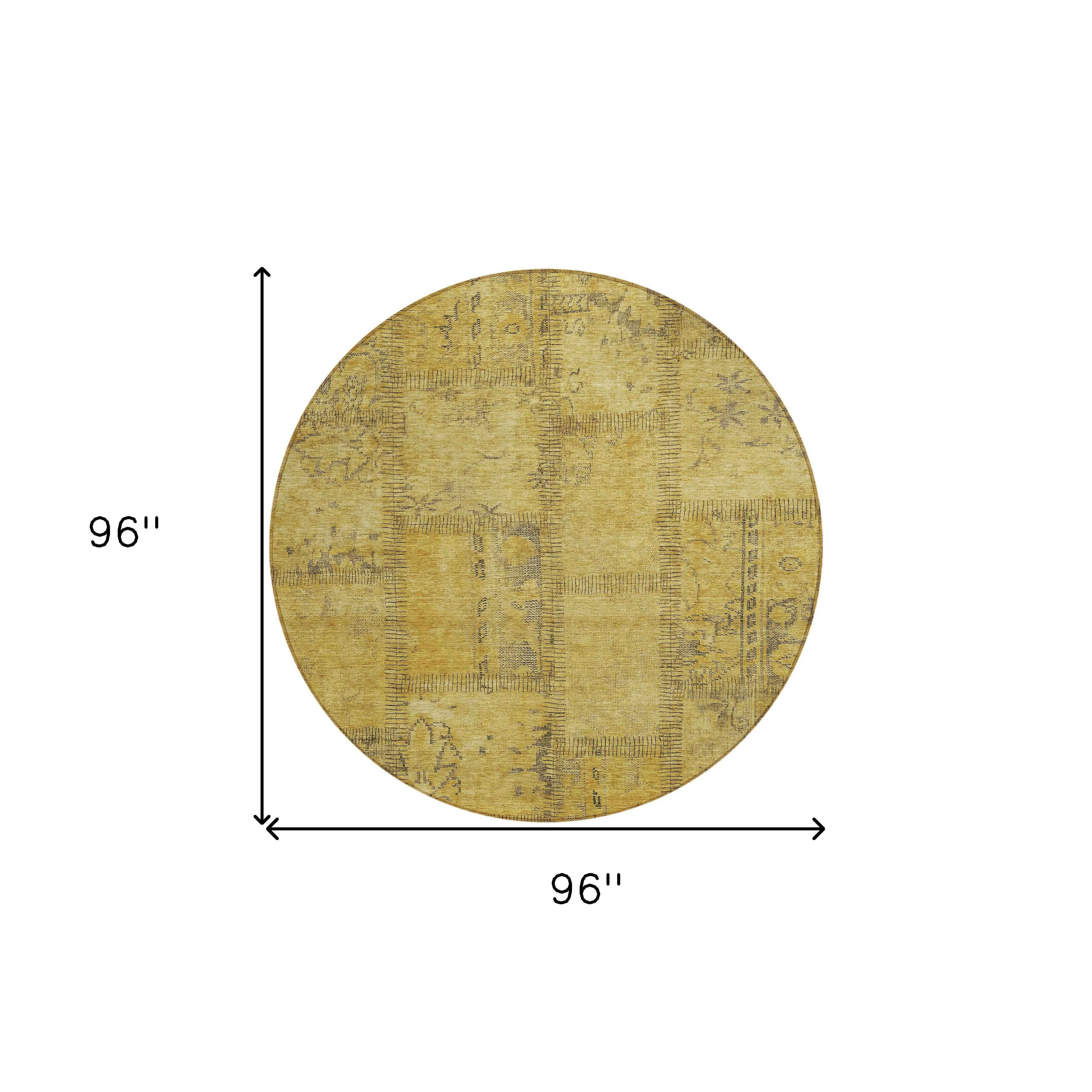 8' Gold Wheat And Gray Round Patchwork Washable Indoor Outdoor Area Rug