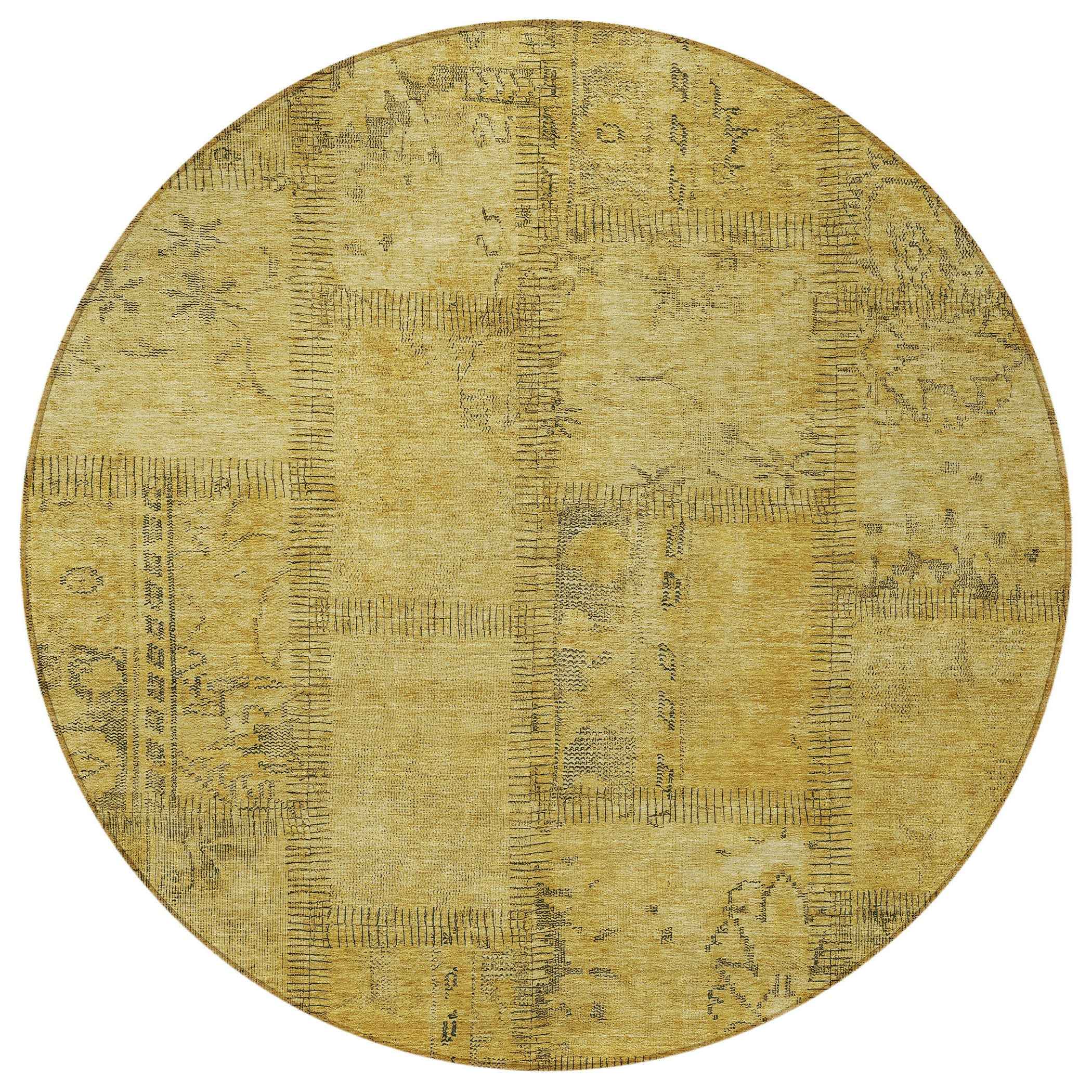 8' Gold Wheat And Gray Round Patchwork Washable Indoor Outdoor Area Rug