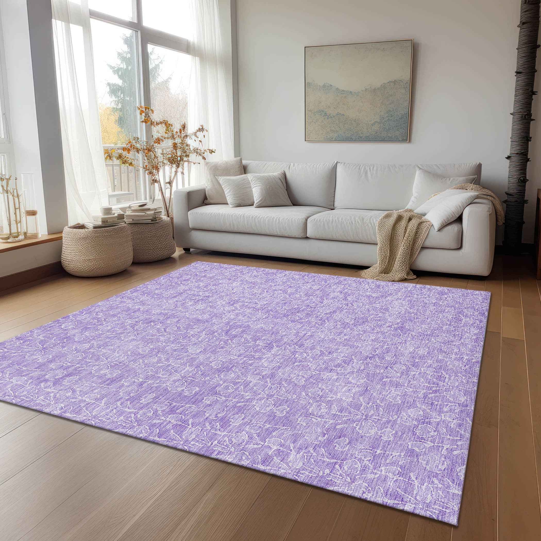 9' X 12' Lilac And Ivory Floral Washable Indoor Outdoor Area Rug