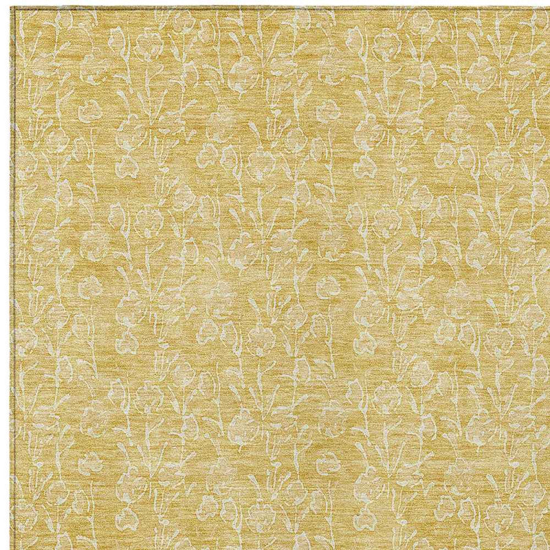 10' X 14' Gold And Ivory Floral Washable Indoor Outdoor Area Rug