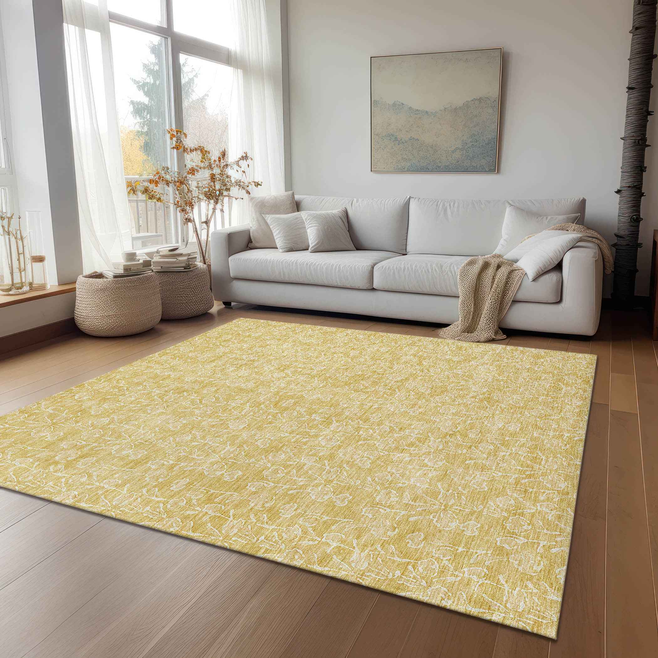10' X 14' Gold And Ivory Floral Washable Indoor Outdoor Area Rug