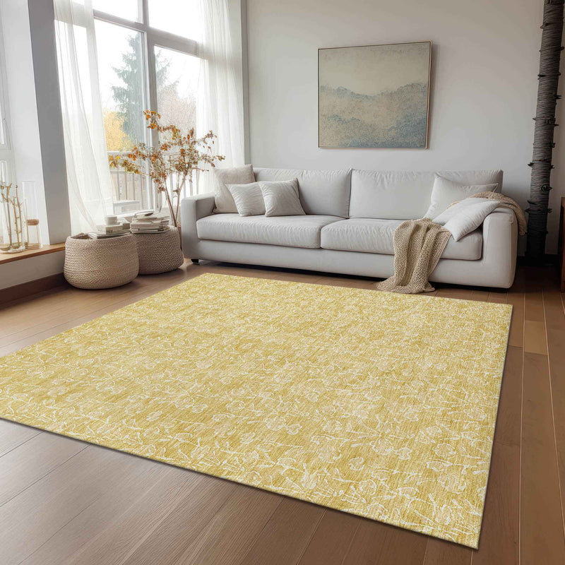 10' X 14' Gold And Ivory Floral Washable Indoor Outdoor Area Rug