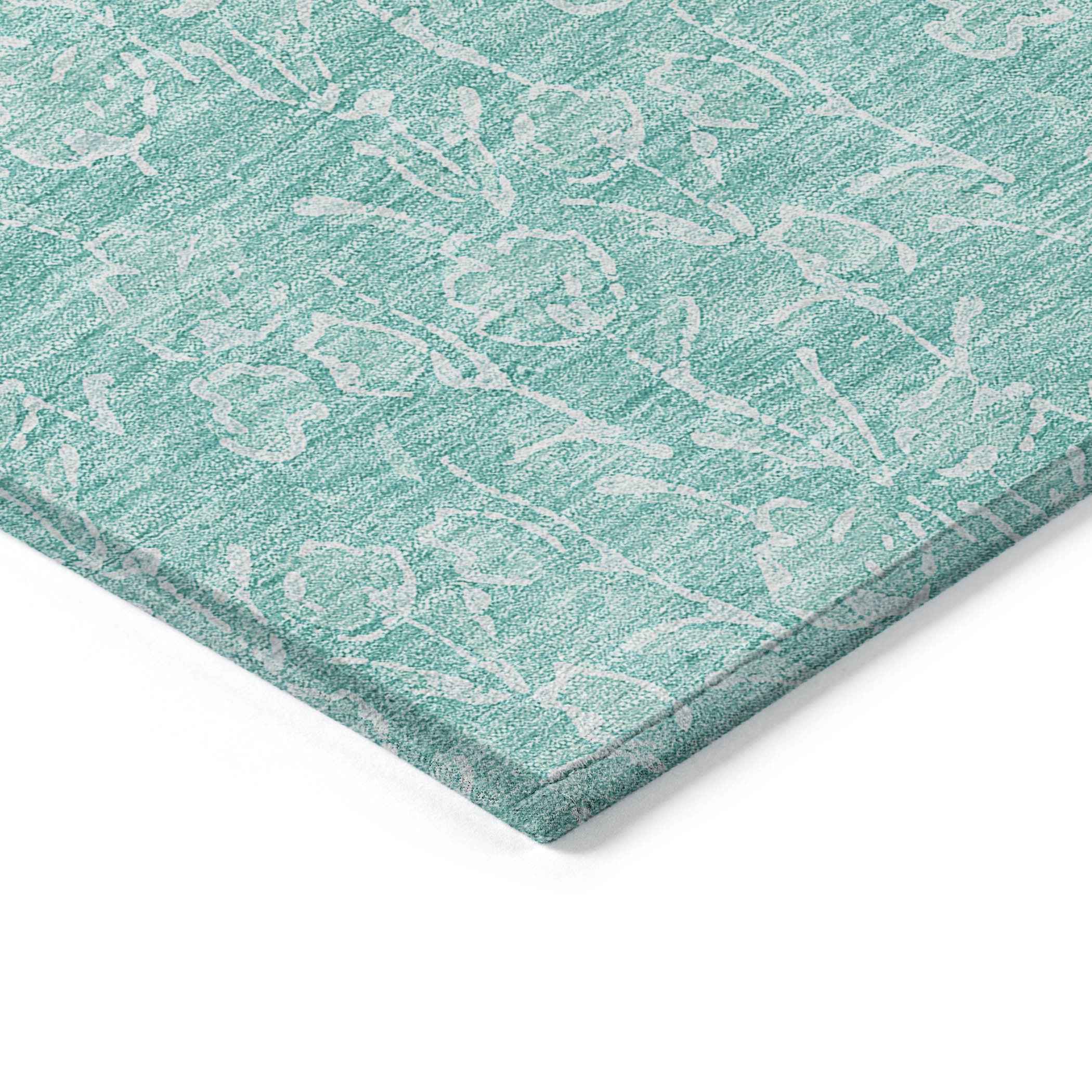 8' X 10' Teal Blue And Ivory Floral Washable Indoor Outdoor Area Rug