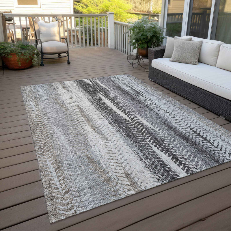 5' X 8' Khaki Ivory And Gray Botanical Leaves Washable Indoor Outdoor Area Rug