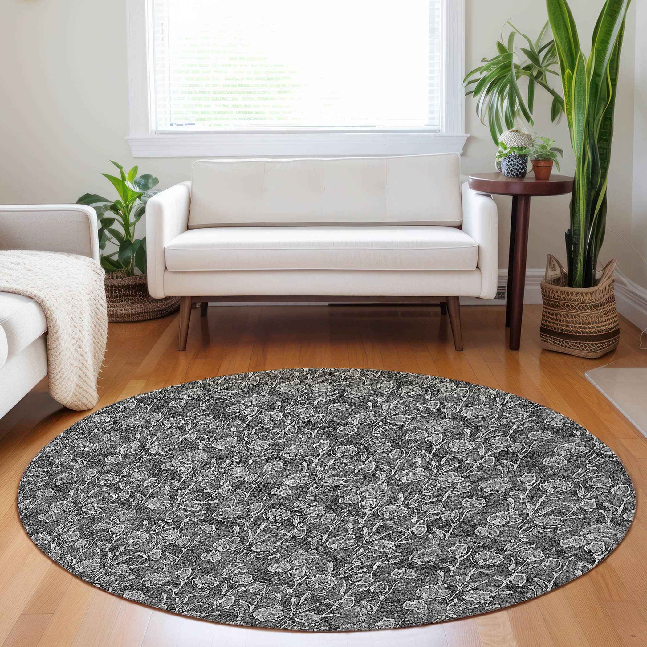 8' Gray Charcoal And Silver Round Floral Washable Indoor Outdoor Area Rug