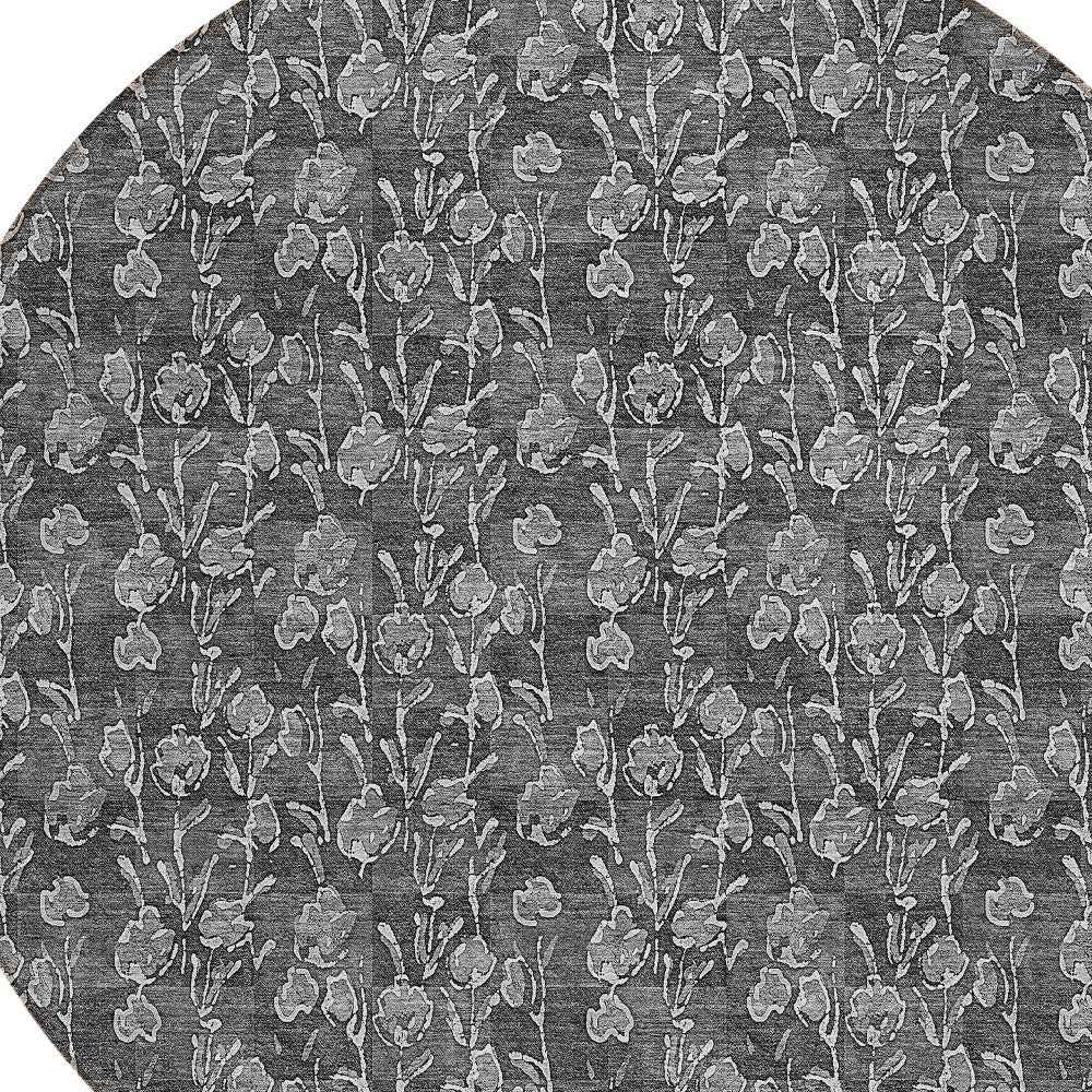 8' Gray Charcoal And Silver Round Floral Washable Indoor Outdoor Area Rug