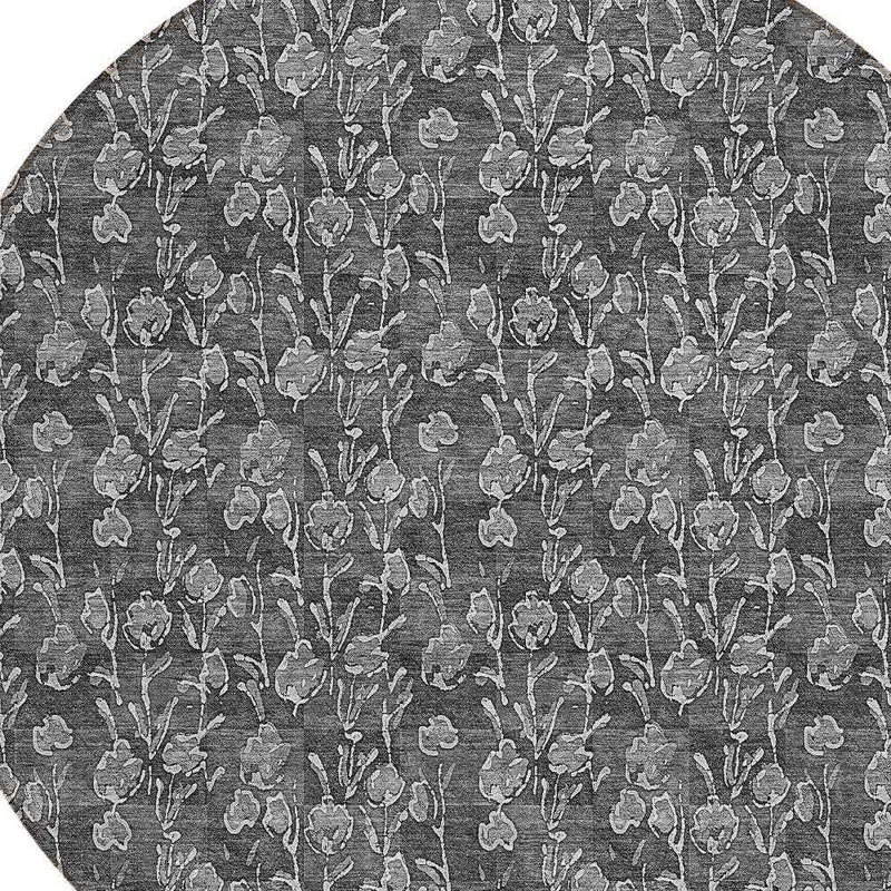 8' Gray Charcoal And Silver Round Floral Washable Indoor Outdoor Area Rug