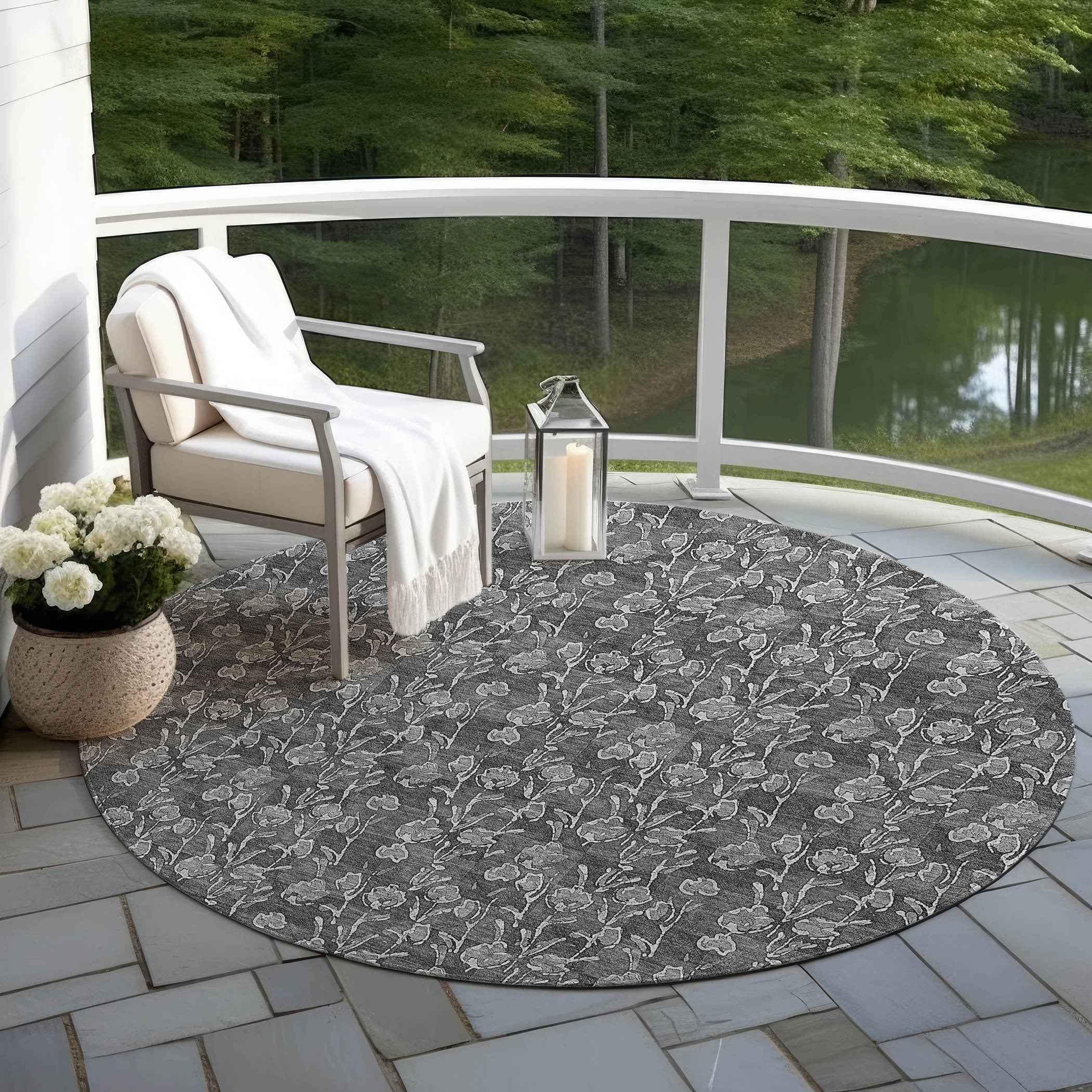 8' Gray Charcoal And Silver Round Floral Washable Indoor Outdoor Area Rug
