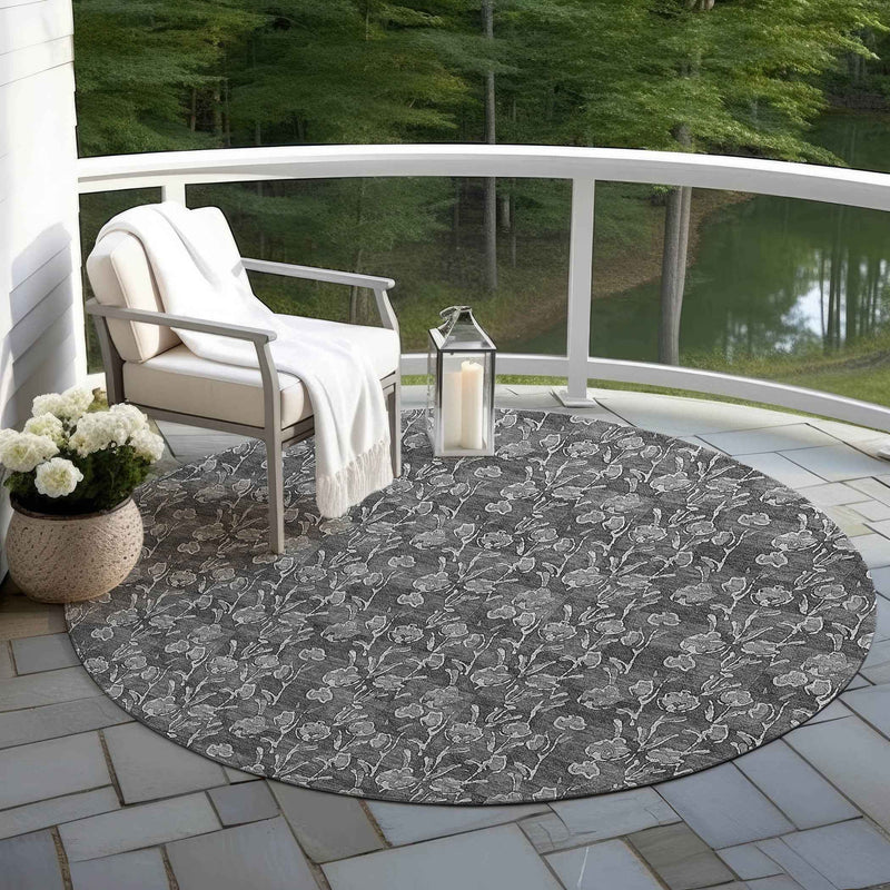8' Gray Charcoal And Silver Round Floral Washable Indoor Outdoor Area Rug