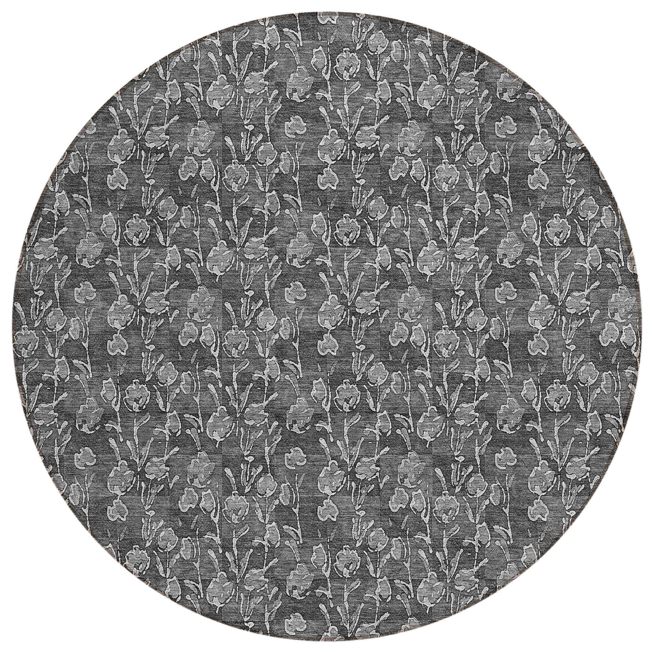 8' Gray Charcoal And Silver Round Floral Washable Indoor Outdoor Area Rug