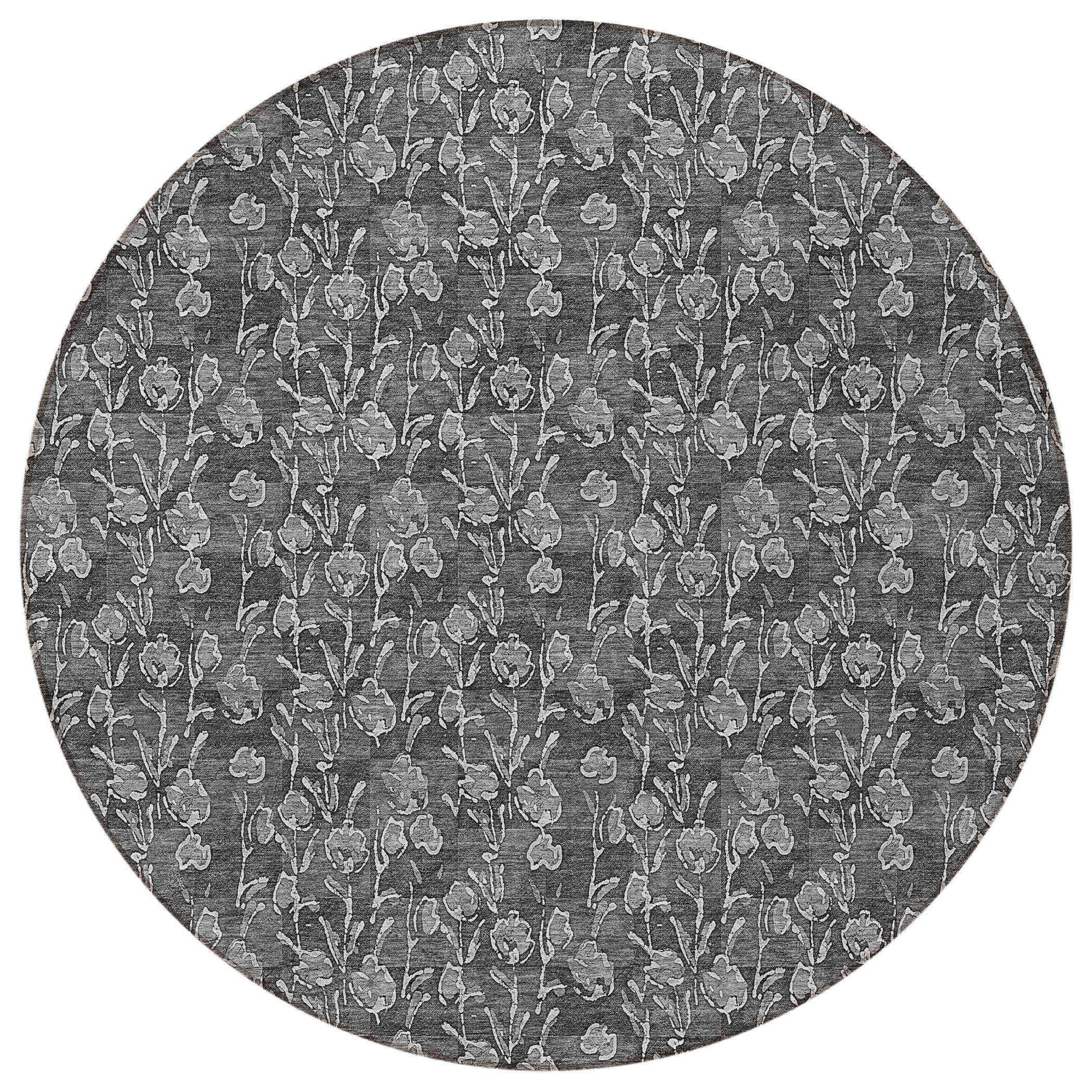 8' Gray Charcoal And Silver Round Floral Washable Indoor Outdoor Area Rug