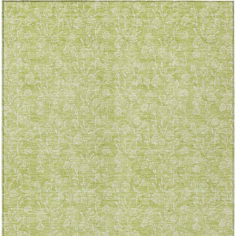 9' X 12' Artichoke Green And Ivory Floral Washable Indoor Outdoor Area Rug