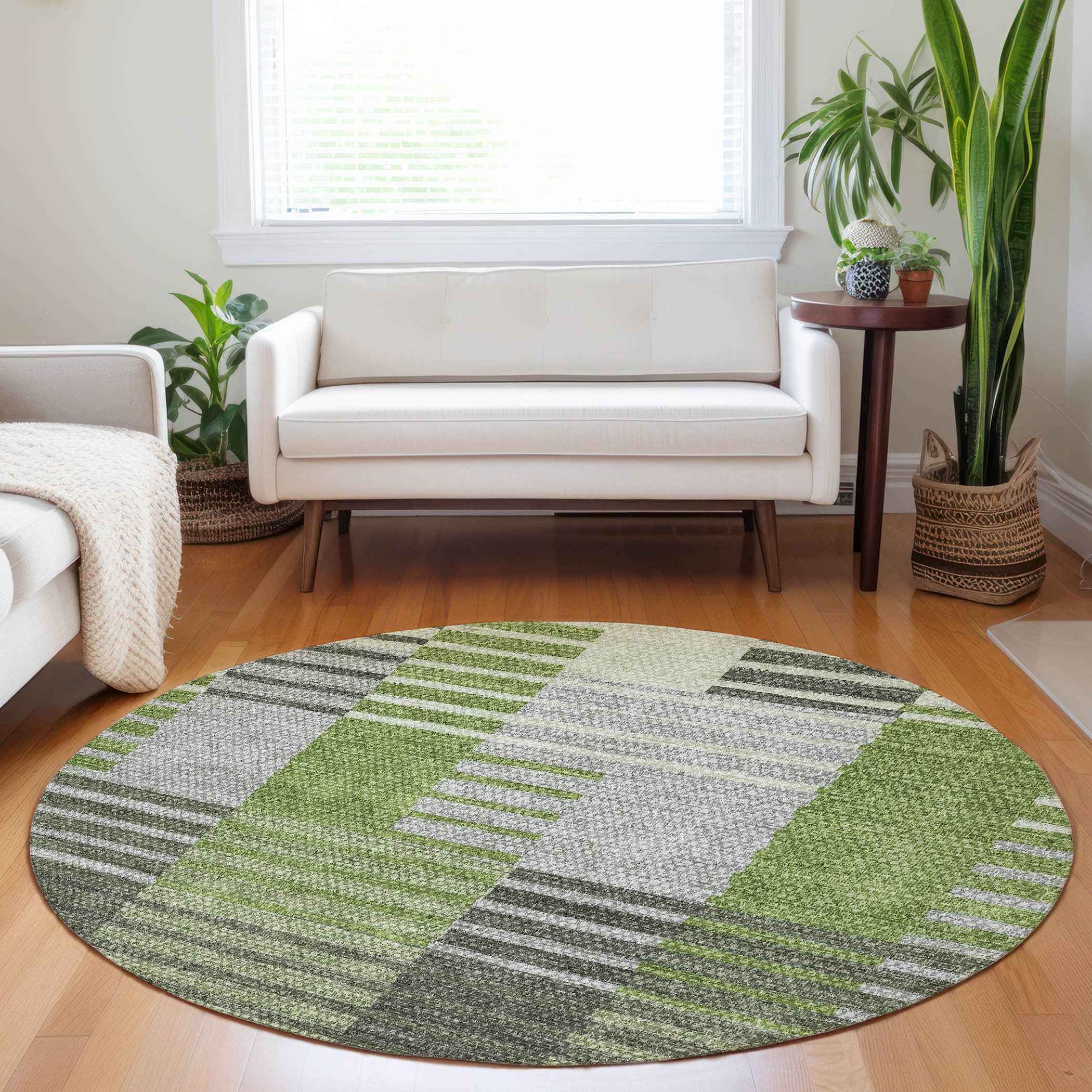 8' Green And Olive Green Round Striped Washable Indoor Outdoor Area Rug