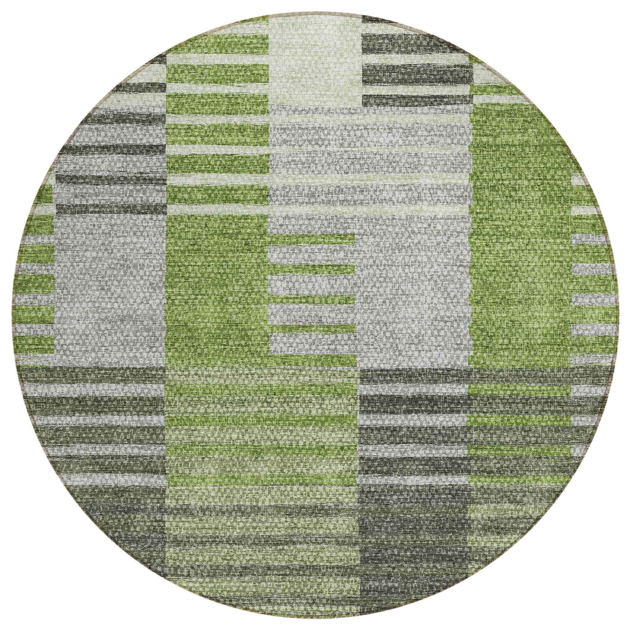 8' Green And Olive Green Round Striped Washable Indoor Outdoor Area Rug