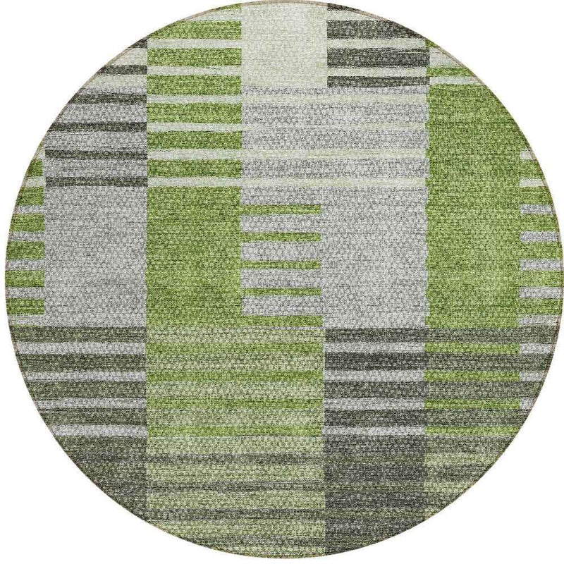 8' Green And Olive Green Round Striped Washable Indoor Outdoor Area Rug