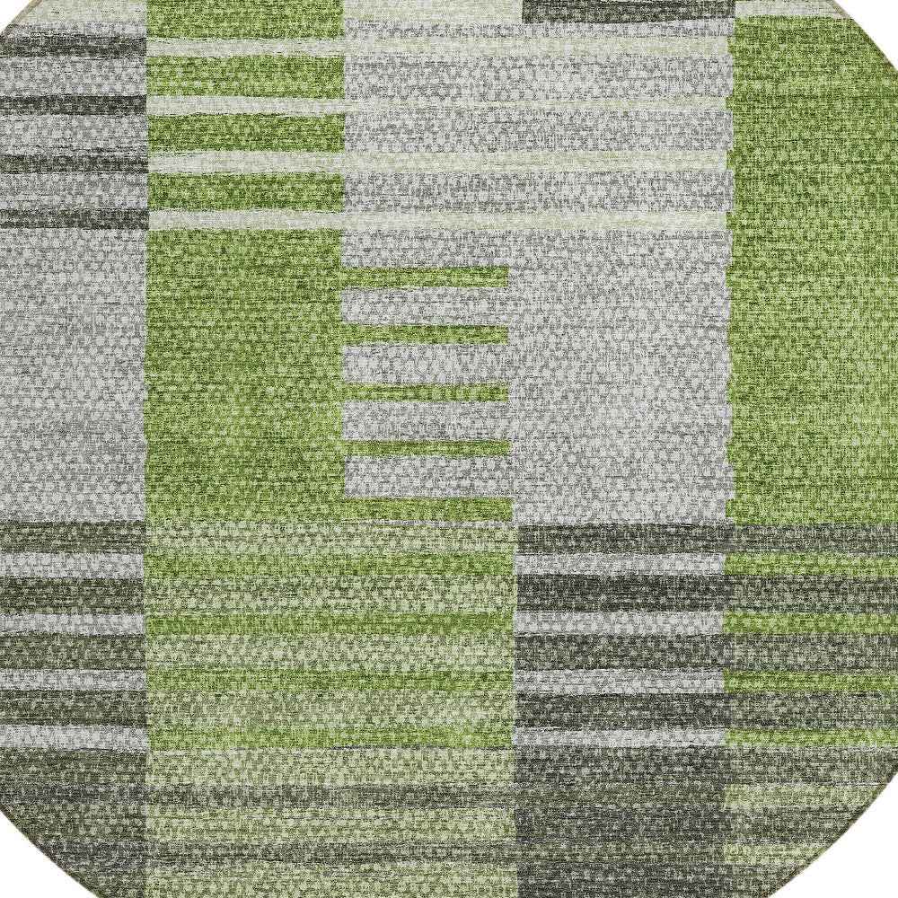 8' Green And Olive Green Round Striped Washable Indoor Outdoor Area Rug