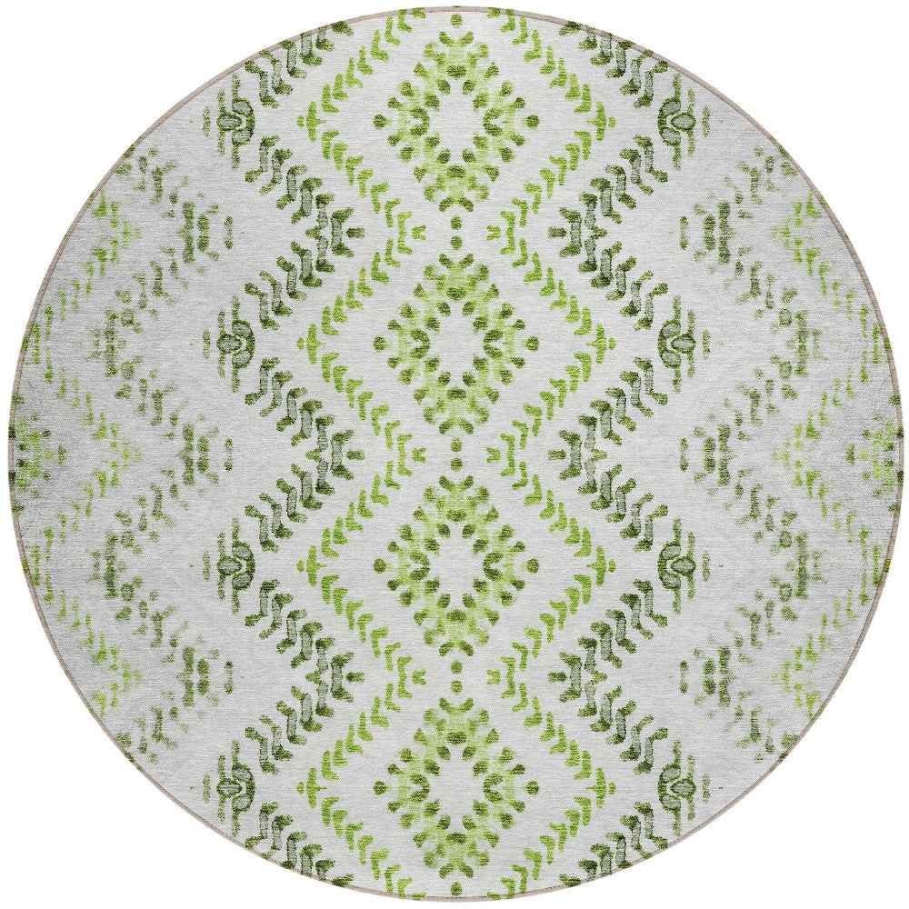 8' Green Ivory And Gray Round Geometric Washable Indoor Outdoor Area Rug