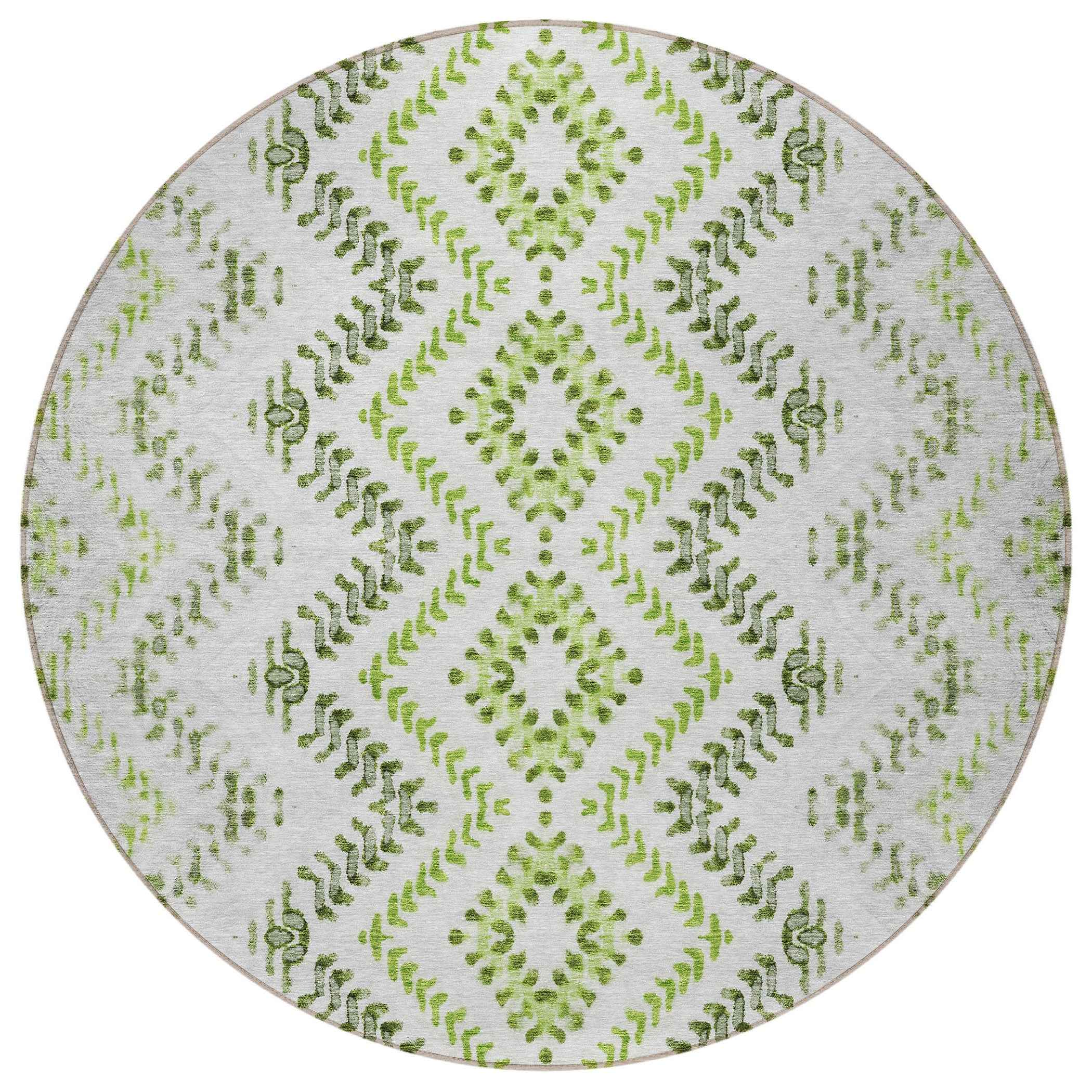 8' Green Ivory And Gray Round Geometric Washable Indoor Outdoor Area Rug
