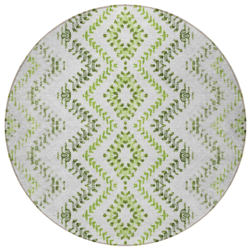 8' Green Ivory And Gray Round Geometric Washable Indoor Outdoor Area Rug