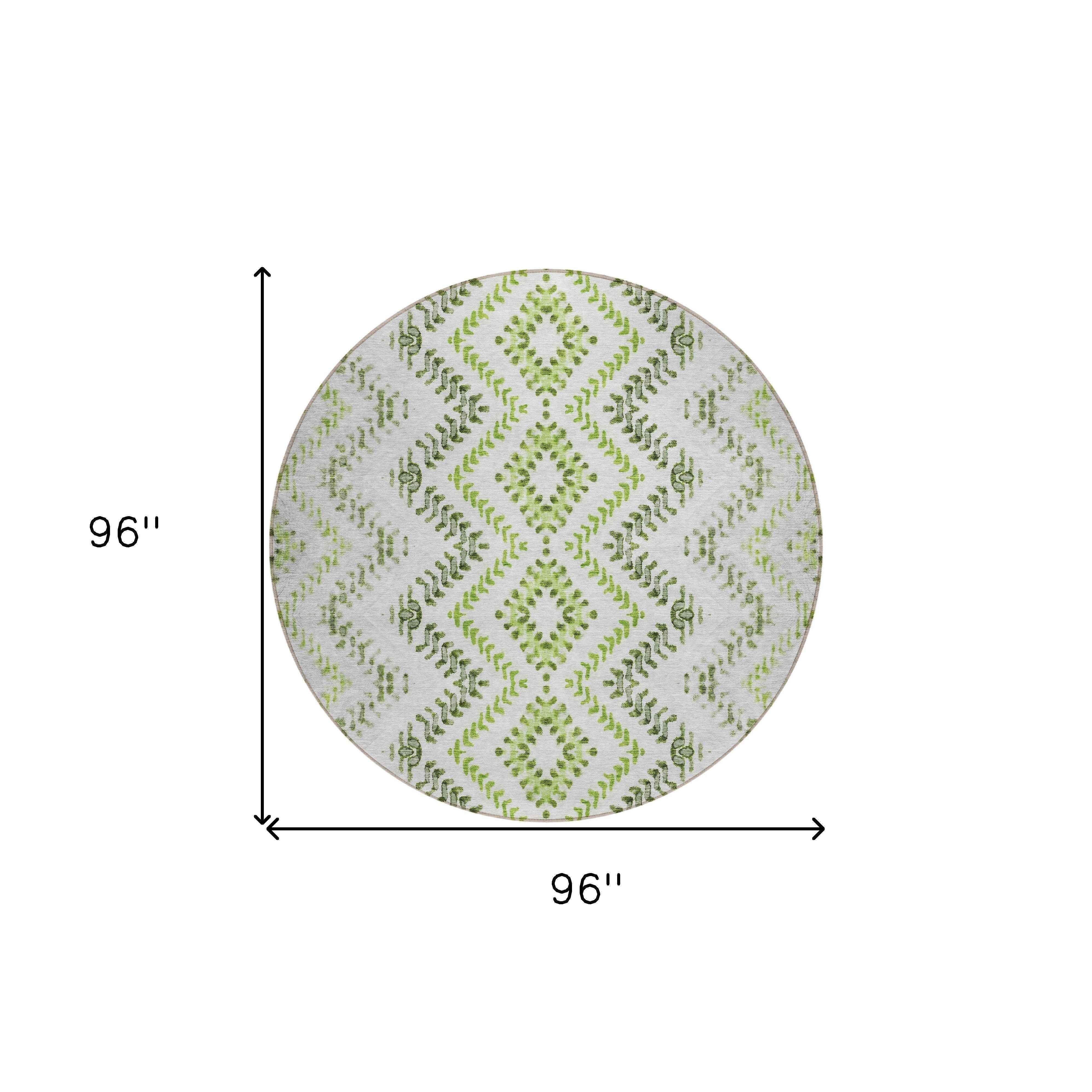 8' Green Ivory And Gray Round Geometric Washable Indoor Outdoor Area Rug