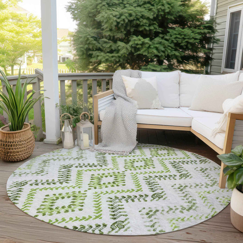 8' Green Ivory And Gray Round Geometric Washable Indoor Outdoor Area Rug