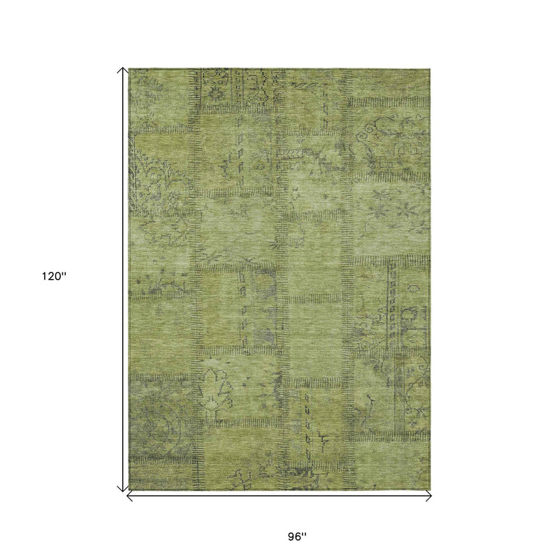 8' X 10' Fern Green And Artichoke Green Patchwork Washable Indoor Outdoor Area Rug