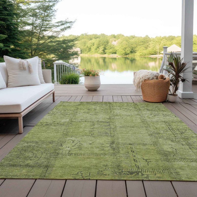 8' X 10' Fern Green And Artichoke Green Patchwork Washable Indoor Outdoor Area Rug