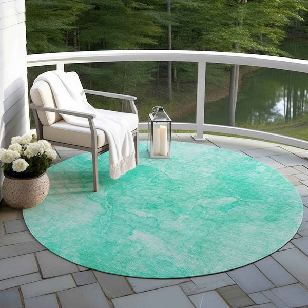 8' Teal Blue And Aqua Round Nautical Washable Indoor Outdoor Area Rug