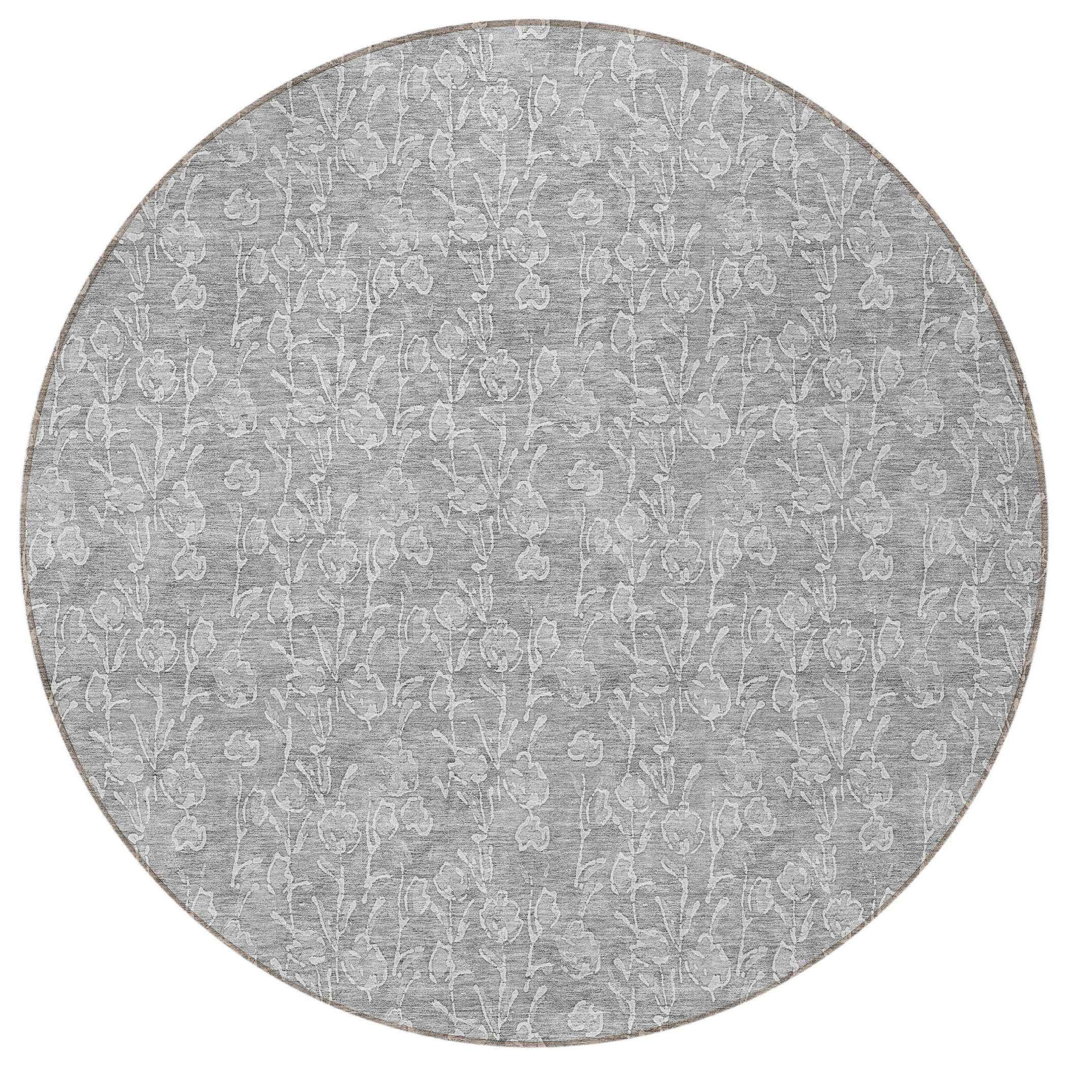 8' Silver And Ivory Round Floral Washable Indoor Outdoor Area Rug