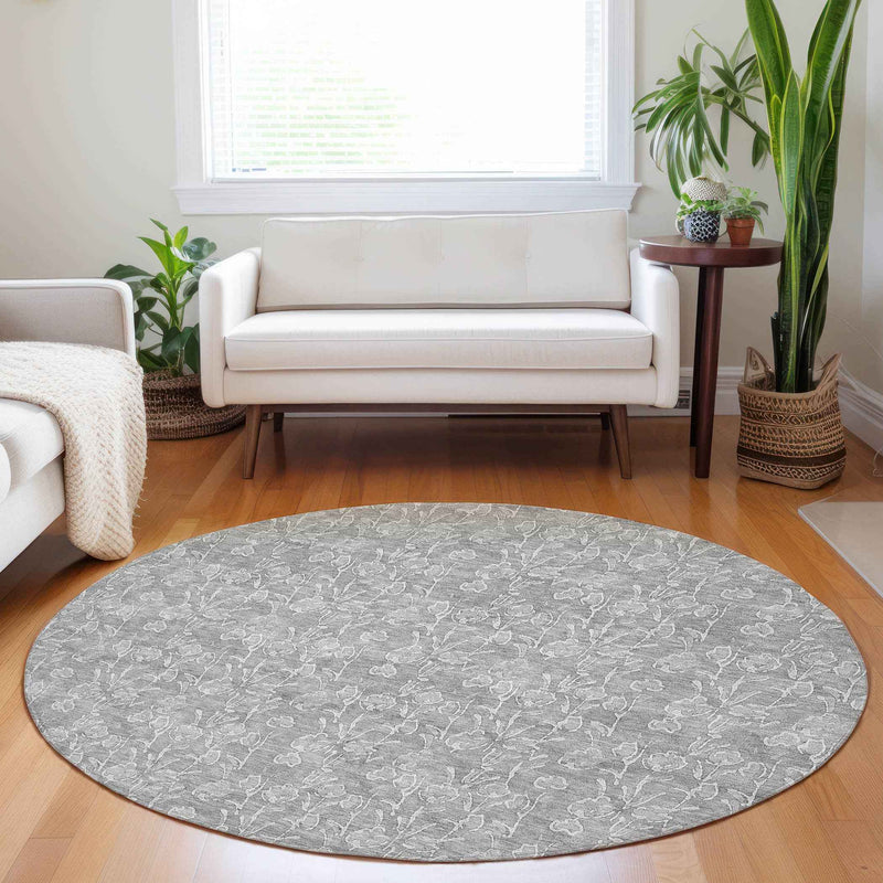 8' Silver And Ivory Round Floral Washable Indoor Outdoor Area Rug