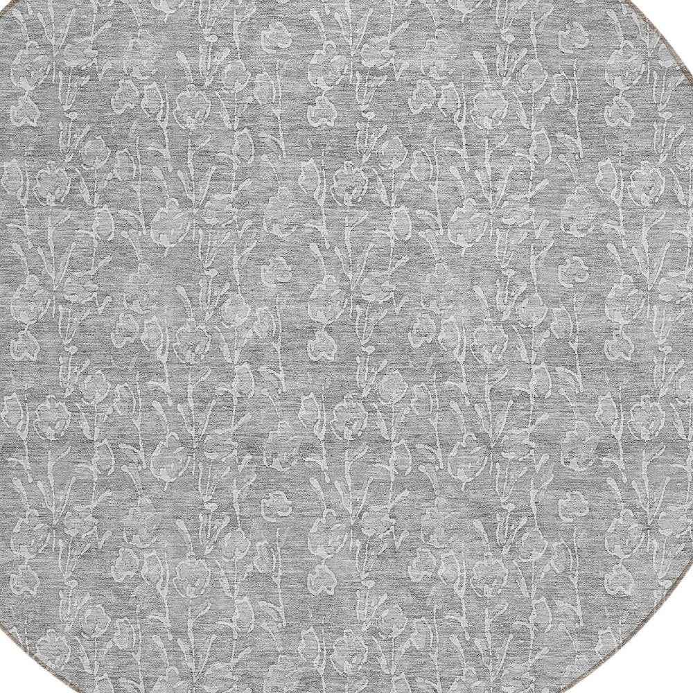 8' Silver And Ivory Round Floral Washable Indoor Outdoor Area Rug