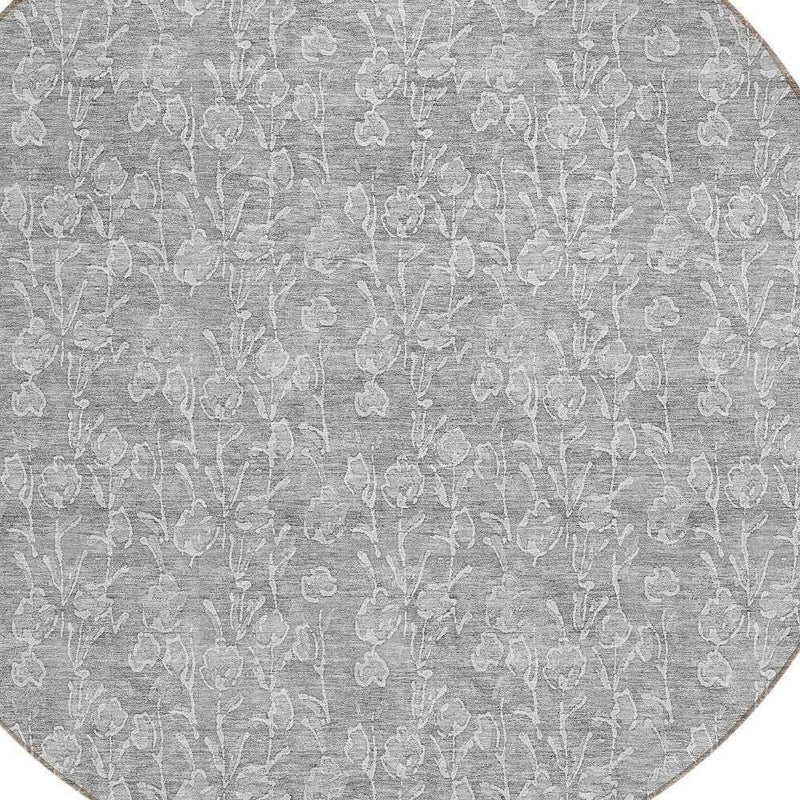 8' Silver And Ivory Round Floral Washable Indoor Outdoor Area Rug