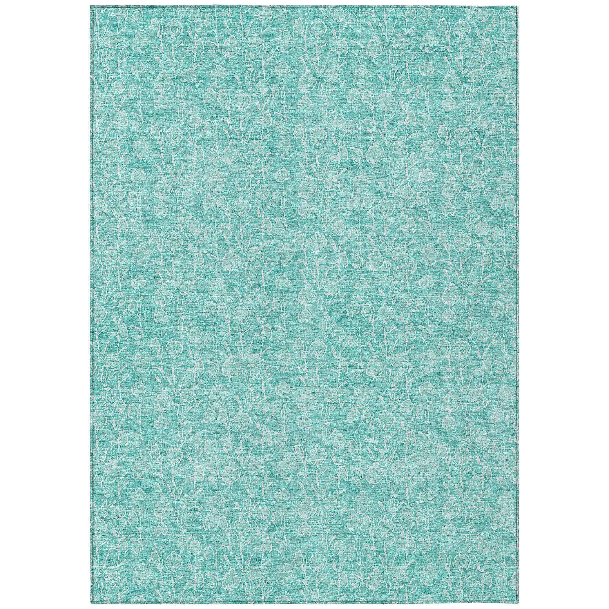 9' X 12' Teal Blue And Ivory Floral Washable Indoor Outdoor Area Rug